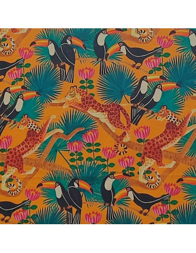 Tissu toile coton TOUCANS fond jaune mangue 140cm Thevenon - Tissus Ameublement au mètre pour chaise rideaux canapé fauteuil