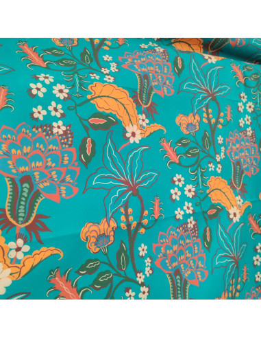 Tissu toile coton HANA fleur feuillage fond bleu pacifique  Thevenon - Tissus Ameublement au mètre rideaux canapé fauteuil