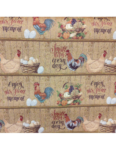 Tissu jacquard gobelin coqs poules panier oeufs - Tissus ameublement au mètre - coussin rideaux sur mesure réfection siège