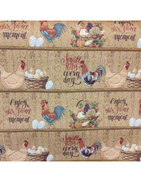 Tissu jacquard gobelin coqs poules panier oeufs - Tissus ameublement au mètre - coussin rideaux sur mesure réfection siège