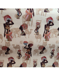 Tissu gobelin jacquard femme africaine éléphant chameau - Tissus ameublement au mètre - coussin rideaux sur mesure réfection