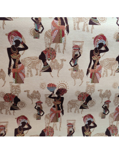 Tissu gobelin jacquard femme africaine éléphant chameau - Tissus ameublement au mètre - coussin rideaux sur mesure réfection