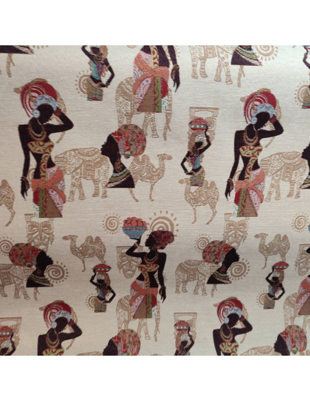 Tissu gobelin jacquard femme africaine éléphant chameau - Tissus ameublement au mètre - coussin rideaux sur mesure réfection