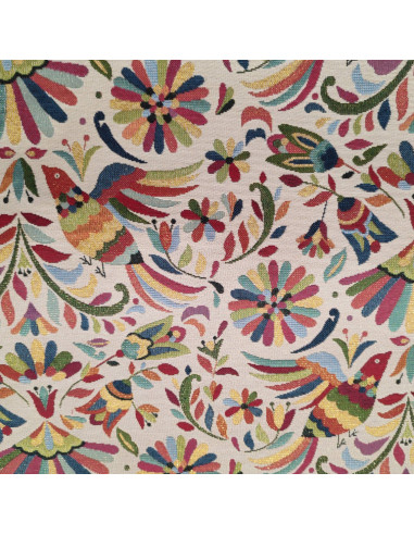 Tissu jacquard lurex oiseaux fleurs feuillage mexicain - Tissus ameublement au mètre - confection coussin rideaux réfection