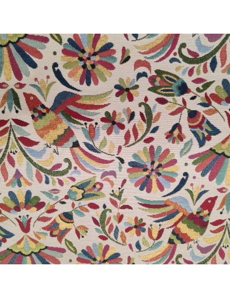 Tissu jacquard lurex oiseaux fleurs feuillage mexicain - Tissus ameublement au mètre - confection coussin rideaux réfection