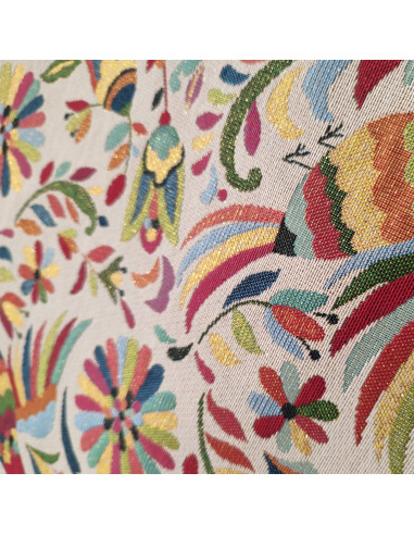 Zoom Tissu jacquard lurex oiseaux fleurs feuillage mexicain - Tissus ameublement au mètre - confection coussin rideaux réfection