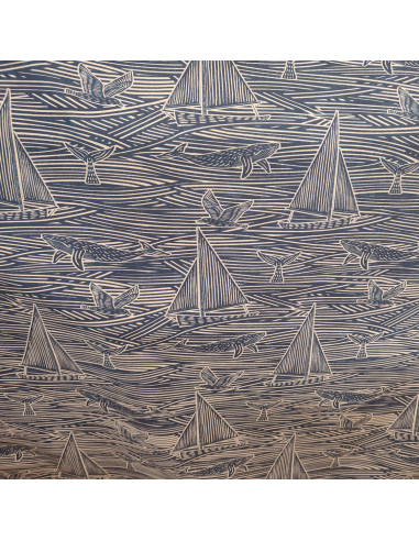 Tissu coton panama thème mer baleine poissons oiseau bateaux bleu marine - Tissus Ameublement habillement mercerie Biarritz