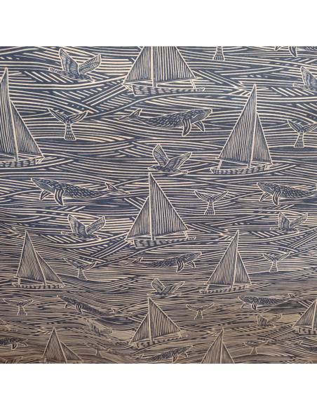 Tissu coton panama thème mer baleine poissons oiseau bateaux bleu marine - Tissus Ameublement habillement mercerie Biarritz