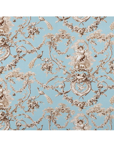 Tissu percale coton LUDIVINE toile de jouy fond bleu THEVENON - tissu ameublement au mètre pour linge de lit