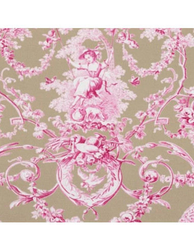 Tissu percale coton LUDIVINE toile de jouy fond rose et lin THEVENON - tissu ameublement au mètre pour linge de lit