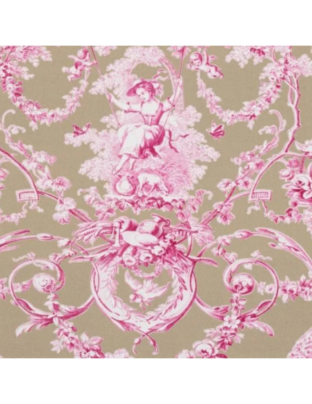 Tissu percale coton LUDIVINE toile de jouy fond rose et lin THEVENON - tissu ameublement au mètre pour linge de lit