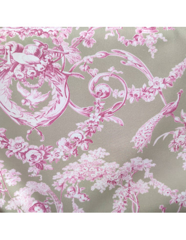 zoom Tissu percale coton LUDIVINE toile de jouy fond rose et lin THEVENON - tissu ameublement au mètre linge de lit