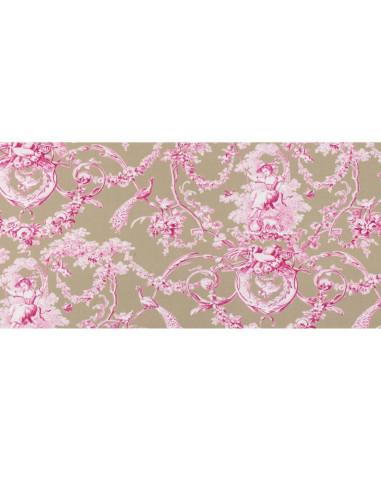 Tissu percale coton toile de jouy LUDIVINE  fond rose lin THEVENON - tissu ameublement au mètre pour linge de lit