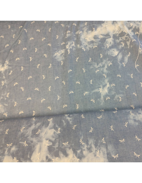 Tissu chambray Coton délavé motif libellule couleur jean - tissus habillement au mètre vente en ligne