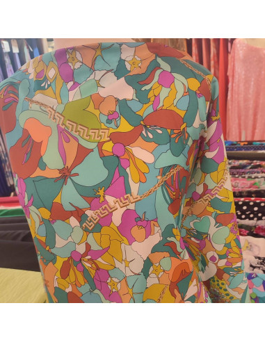 Zoom Tissu soie italienne motifs floraux et effet chaines dorées - tissus habillement soies haute couture