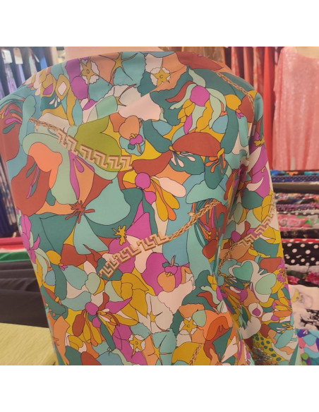 Zoom Tissu soie italienne motifs floraux et effet chaines dorées - tissus habillement soies haute couture