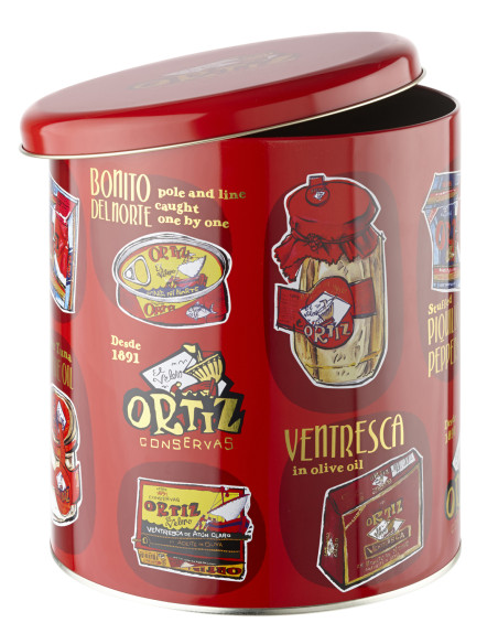 Idée cadeau original à composer avec cette boite en fer rouge des conserves Ortiz diamètre 21 - idée cadeau