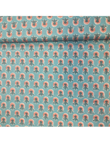 Tissu voile de Coton bleu ciel petite fleur rose Esprit indien - Tissus habillement au mètre vente en ligne - mercerie biarritz