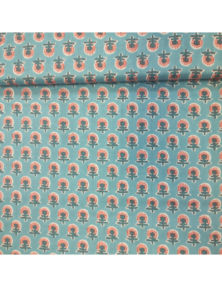 Tissu voile de Coton bleu ciel petite fleur rose Esprit indien - Tissus habillement au mètre vente en ligne - mercerie biarritz