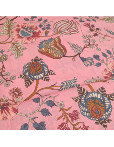Tissu voile de Coton rose motif floral esprit indien Taj Mahal - Tissus habillement au mètre vente en ligne - mercerie biarritz