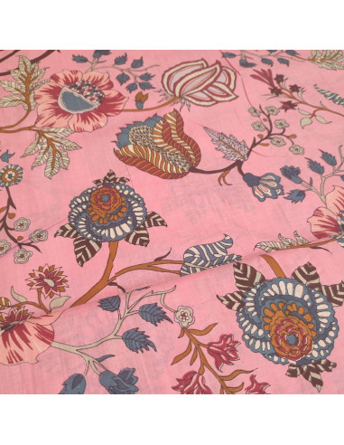 Tissu voile de Coton rose motif floral esprit indien Taj Mahal - Tissus habillement au mètre vente en ligne - mercerie biarritz