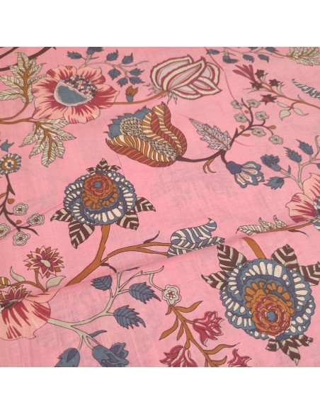 Tissu voile de Coton rose motif floral esprit indien Taj Mahal - Tissus habillement au mètre vente en ligne - mercerie biarritz