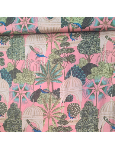 Tissu voile Coton rose arbre paon esprit indien Taj Mahal - Tissus habillement au mètre vente en ligne mercerie