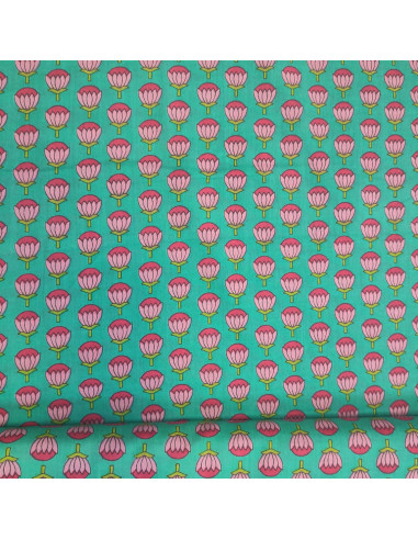 Tissu voile de Coton bleu vert lotus rose esprit indien Taj Mahal - Tissus habillement au mètre vente en ligne mercerie