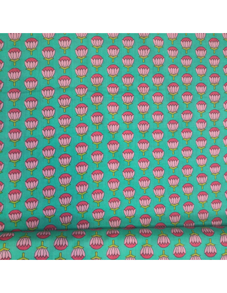 Tissu voile de Coton bleu vert lotus rose esprit indien Taj Mahal - Tissus habillement au mètre vente en ligne mercerie