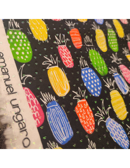 Tissu jacquard polycoton noir fil lurex vert motif ananas - Emanuel Ungaro