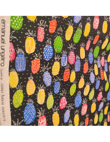 Tissu jacquard polycoton noir fil lurex vert motif ananas Emanuel Ungaro - tissus habillement haute couture au mètre Biarritz