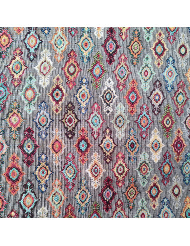 Tissu  jacquard gris motif médaillons multicolore grande laize 280cm - Tissus Ameublement au mètre - rideaux réfection fauteuil
