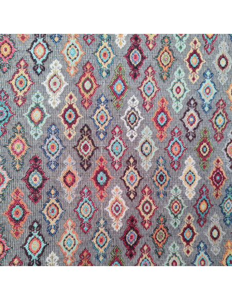 Tissu  jacquard gris motif médaillons multicolore grande laize 280cm - Tissus Ameublement au mètre - rideaux réfection fauteuil
