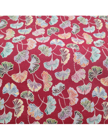 Tissu jacquard rouge feuilles ginkgo biloba laize 280cm - Tissus Ameublement au mètre - rideaux réfection fauteuil