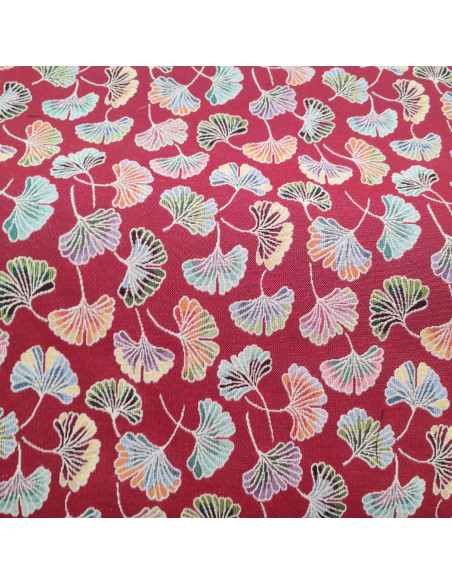 Tissu jacquard rouge feuilles ginkgo biloba laize 280cm - Tissus Ameublement au mètre - rideaux réfection fauteuil