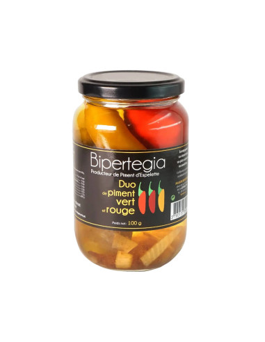 Duo de Piments rouges et verts en bocal de 100gr - Bipertegia producteur Basque - Espelette en vente