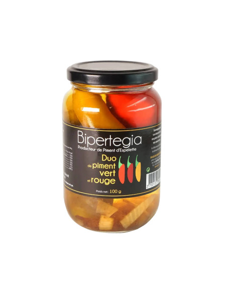 Duo de Piments rouges et verts en bocal de 100gr - Bipertegia producteur Basque - Espelette en vente