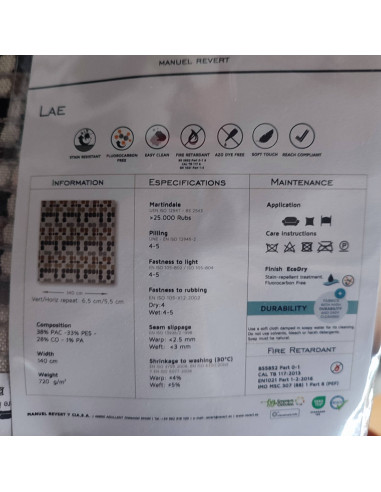 Fiche technique Tissu Jacquard  velours relief marron Manuel Revert - Tissus Ameublement au mètre - réfection fauteuil