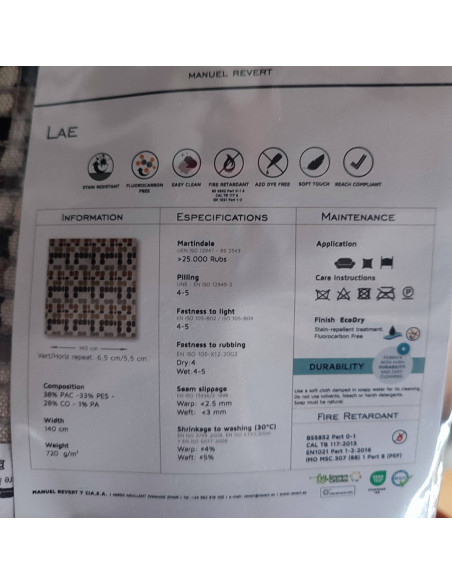 Fiche technique Tissu Jacquard  velours relief marron Manuel Revert - Tissus Ameublement au mètre - réfection fauteuil