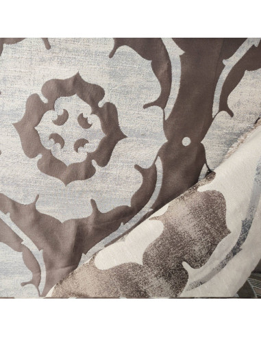 zoom Tissu Jacquard motif grosse fleur beige marron - Tissus Ameublement au mètre - rideaux sur mesure coussins déco