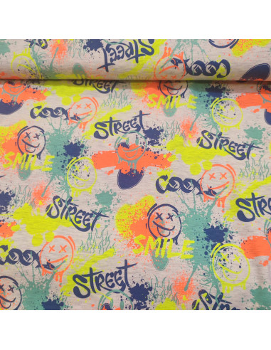 Tissu Jersey coton polyester gris clair street art graffitis smiley - Tissus habillement enfant au mètre - vetement couturiere