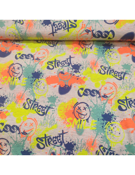 Tissu Jersey coton polyester gris clair street art graffitis smiley - Tissus habillement enfant au mètre - vetement couturiere