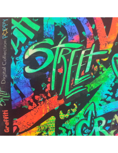 Zoom tissu Jersey coton Street Art graffiti vert oeko-tex POPPY - Tissus habillement enfant au mètre - vetement couturiere