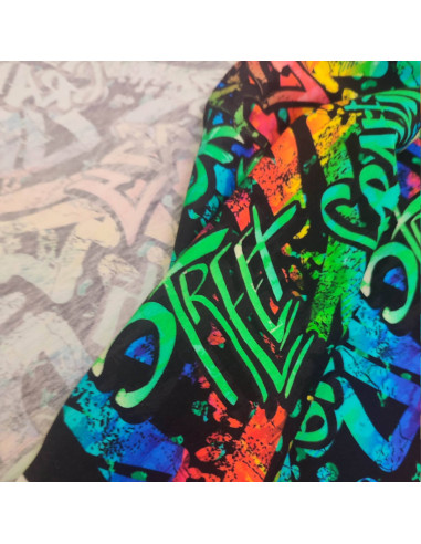 Zoom tissu Jersey coton Street Art graffitis verts  POPPY - Tissus habillement enfant au mètre - vetement couturiere Biarritz