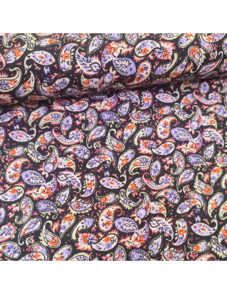 Tissu Jersey viscose paisley cachemire fond noir - Tissus habillement au mètre vente en ligne - vetement couturiere