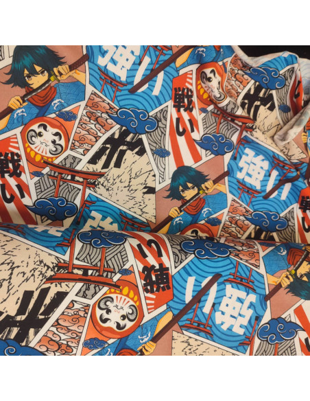 Tissu Jersey Oeko-tex bleu et rouge manga digital by POPPY - Tissus habillement au mètre - vetement couturiere