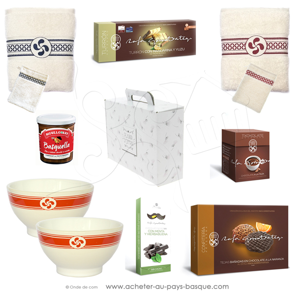 Coffret cadeau idéal pour un couple : un bon bain et un chocolat chaud, linge de bain et gourmandises basques