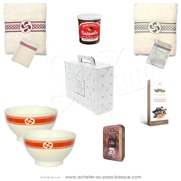 Coffret cadeau idéal pour un couple : serviette rouge et grise et chocolat